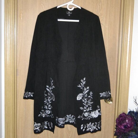 Curations Faux Suede Black Open Long Embroidered Cardigan - Picture 7 of 7